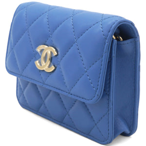 Lambskin Quilted Flap Card Holder On Chain Blue