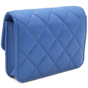 Lambskin Quilted Flap Card Holder On Chain Blue