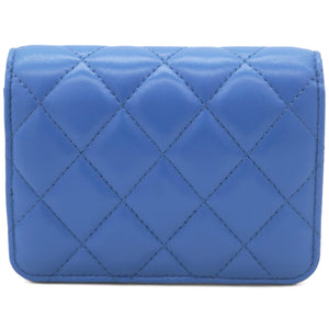 Lambskin Quilted Flap Card Holder On Chain Blue