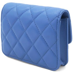 Lambskin Quilted Flap Card Holder On Chain Blue