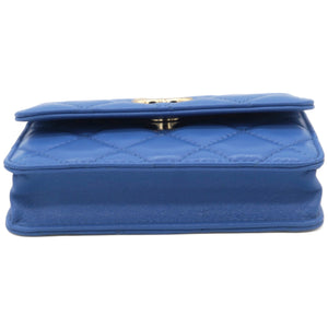 Lambskin Quilted Flap Card Holder On Chain Blue