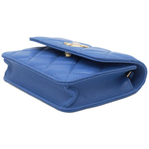 Lambskin Quilted Flap Card Holder On Chain Blue