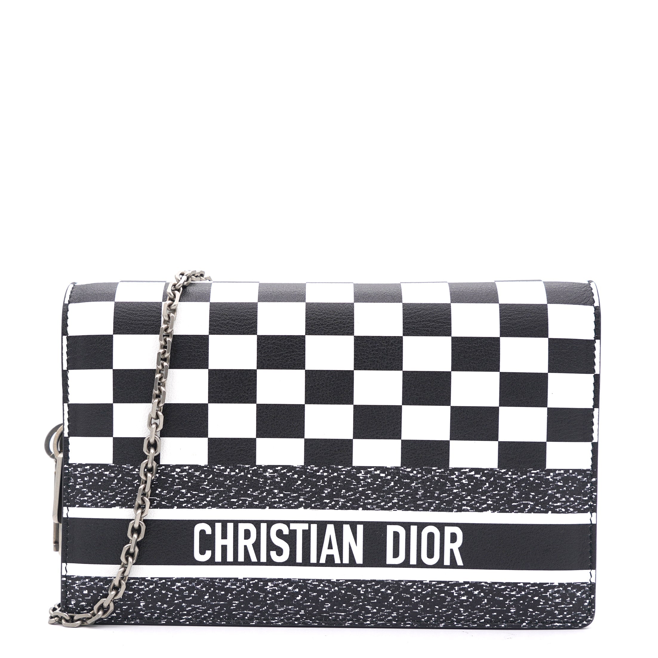 Calfskin Checkered Print Wallet On Chain WOC White Black