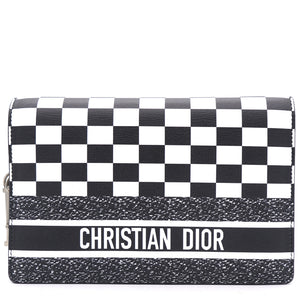Calfskin Checkered Print Wallet On Chain WOC White Black