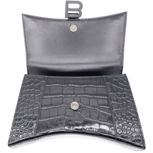 Shiny Calfskin Crocodile Embossed Hourglass Top Handle Bag Small Black