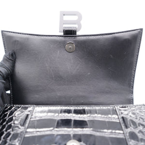 Shiny Calfskin Crocodile Embossed Hourglass Top Handle Bag Small Black