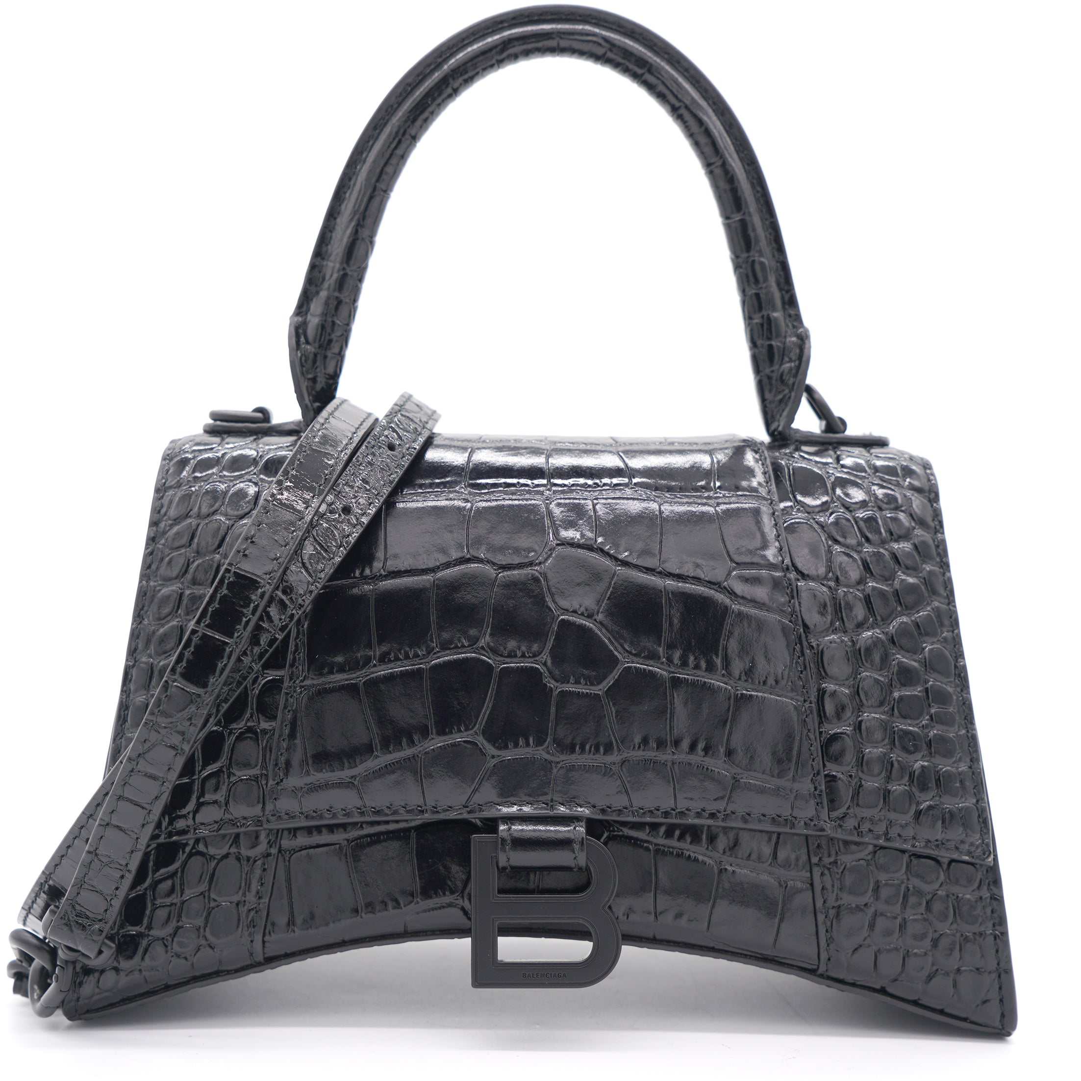 Shiny Calfskin Crocodile Embossed Hourglass Top Handle Bag Small Black