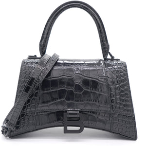 Shiny Calfskin Crocodile Embossed Hourglass Top Handle Bag Small Black