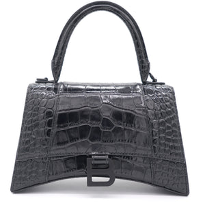 Shiny Calfskin Crocodile Embossed Hourglass Top Handle Bag Small Black