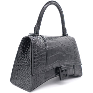 Shiny Calfskin Crocodile Embossed Hourglass Top Handle Bag Small Black