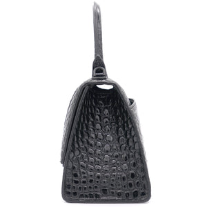 Shiny Calfskin Crocodile Embossed Hourglass Top Handle Bag Small Black