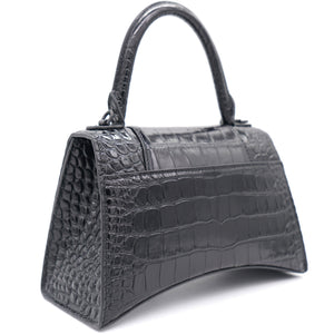 Shiny Calfskin Crocodile Embossed Hourglass Top Handle Bag Small Black