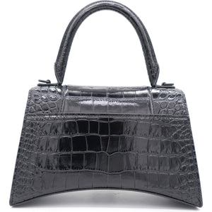 Shiny Calfskin Crocodile Embossed Hourglass Top Handle Bag Small Black