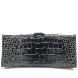 Shiny Calfskin Crocodile Embossed Hourglass Top Handle Bag Small Black