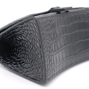 Shiny Calfskin Crocodile Embossed Hourglass Top Handle Bag Small Black