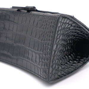 Shiny Calfskin Crocodile Embossed Hourglass Top Handle Bag Small Black
