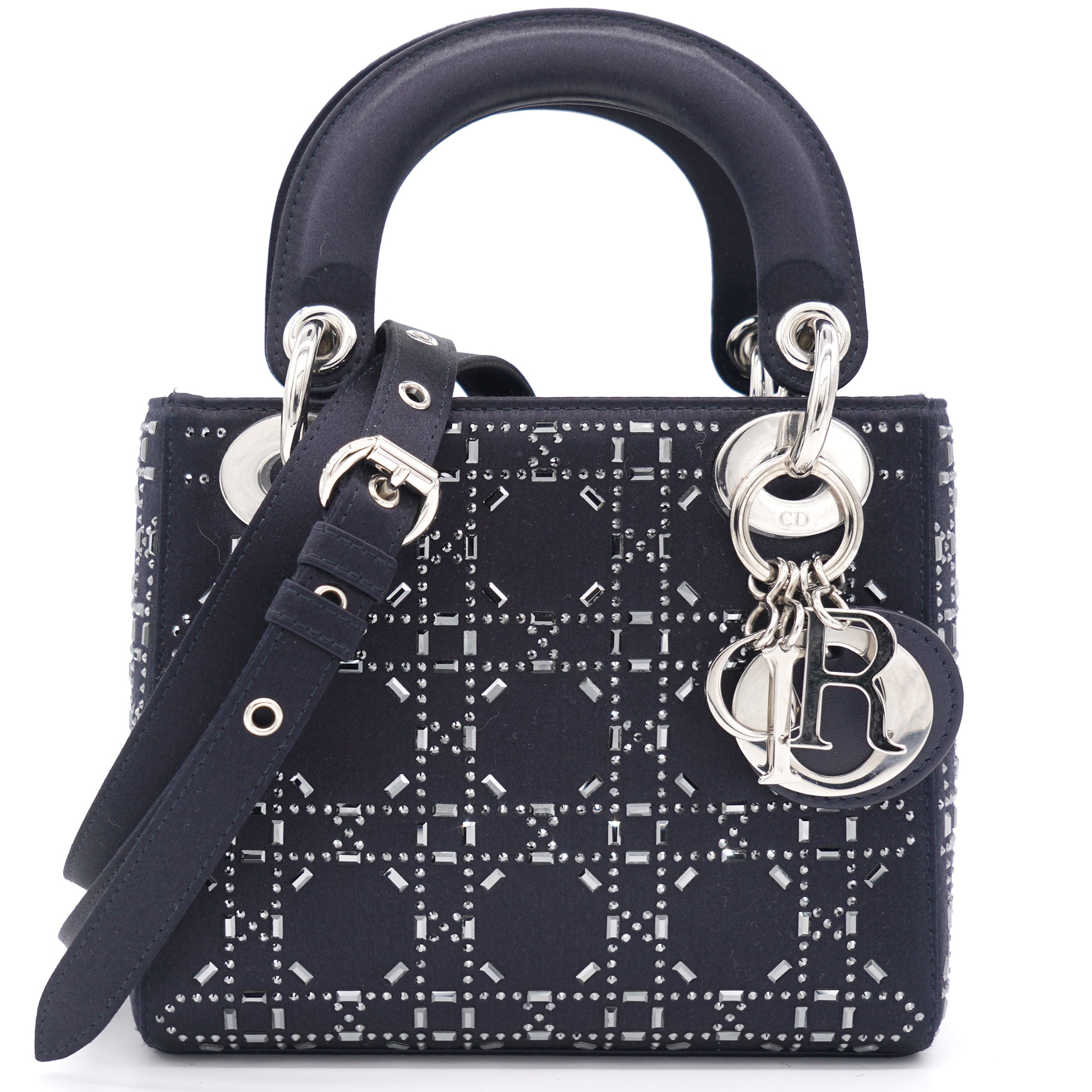Satin Crystal Cannage Mini Lady Dior Black