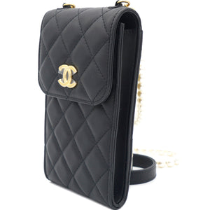 Lambskin Quilted Vertical Pearl Strap Black