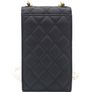 Lambskin Quilted Vertical Pearl Strap Black