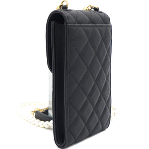 Lambskin Quilted Vertical Pearl Strap Black