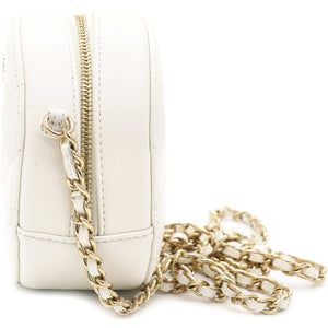 Caviar Quilted Round Clutch with Chain White