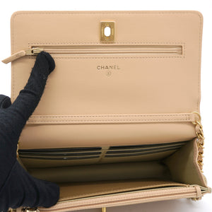 Lambskin Quilted CC Pearl Crush Wallet on Chain WOC Beige