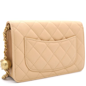 Lambskin Quilted CC Pearl Crush Wallet on Chain WOC Beige