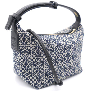 Cubi Anagram small leather-trimmed logo-jacquard tote Navy