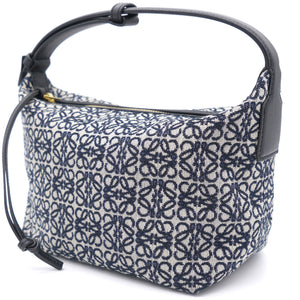 Cubi Anagram small leather-trimmed logo-jacquard tote Navy