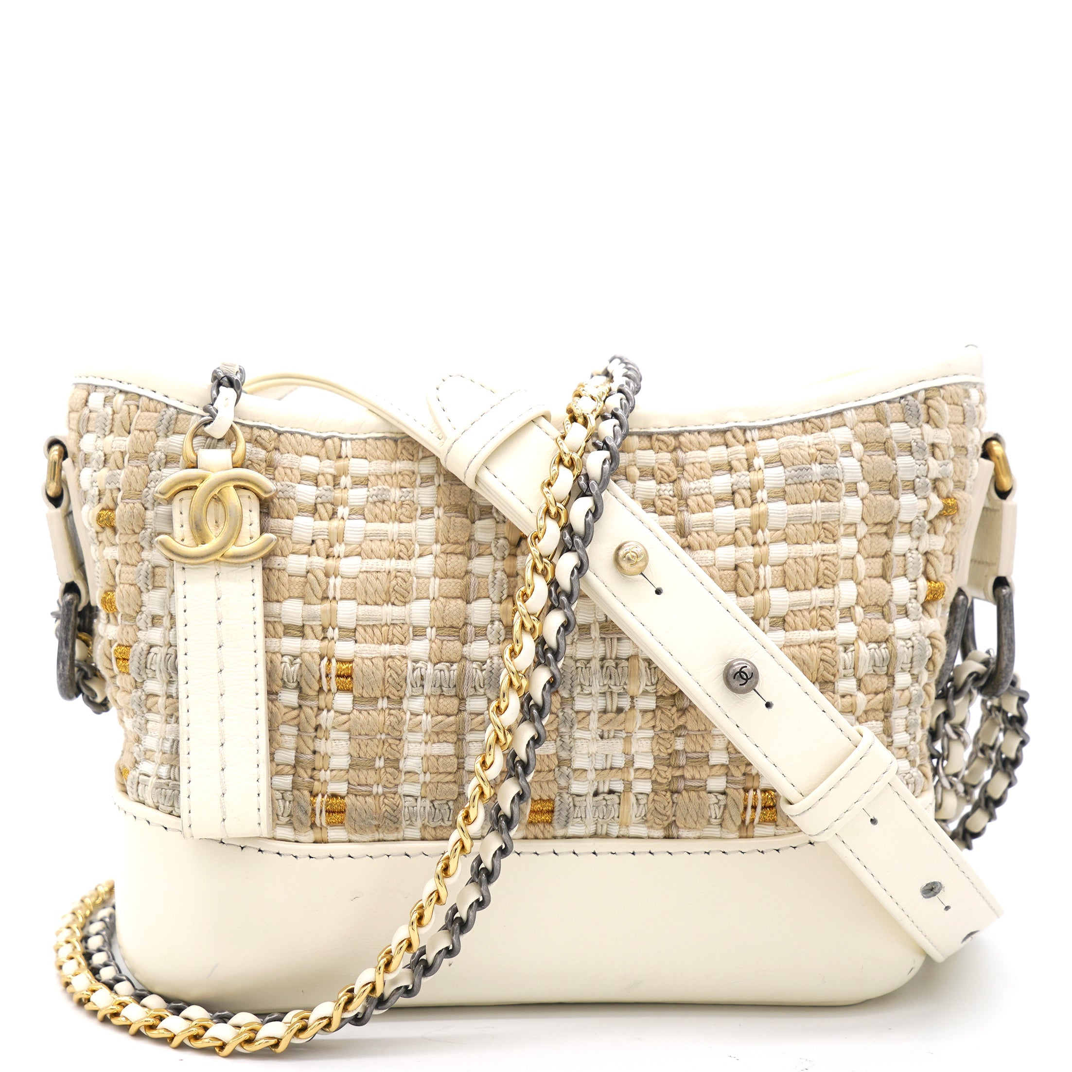Cream/Beige Stripe Tweed Calfskin Mini Gabrielle Hobo