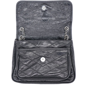 Black Crinkled Vintage Leather Baby Niki Flap Shoulder Bag