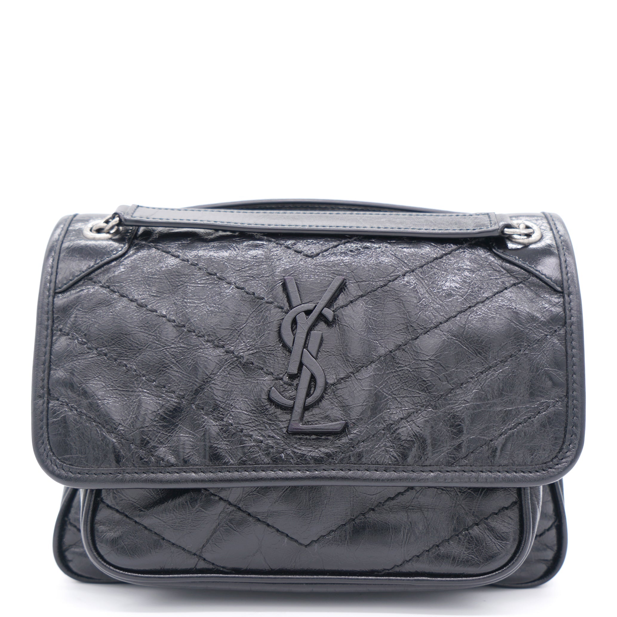 Black Crinkled Vintage Leather Baby Niki Flap Shoulder Bag