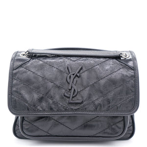 Black Crinkled Vintage Leather Baby Niki Flap Shoulder Bag