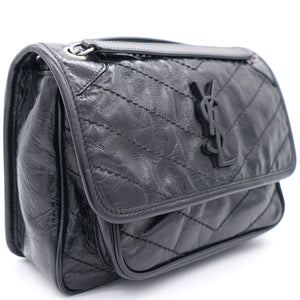 Black Crinkled Vintage Leather Baby Niki Flap Shoulder Bag