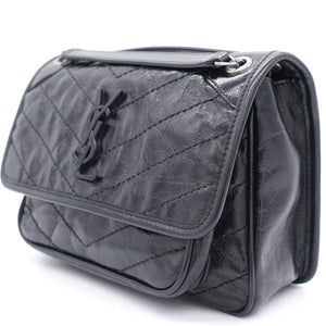 Black Crinkled Vintage Leather Baby Niki Flap Shoulder Bag
