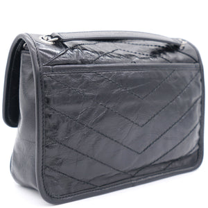 Black Crinkled Vintage Leather Baby Niki Flap Shoulder Bag