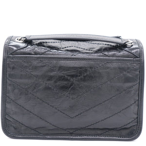 Black Crinkled Vintage Leather Baby Niki Flap Shoulder Bag