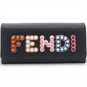 Black Leather Logo Multifunction Wallet on Chain
