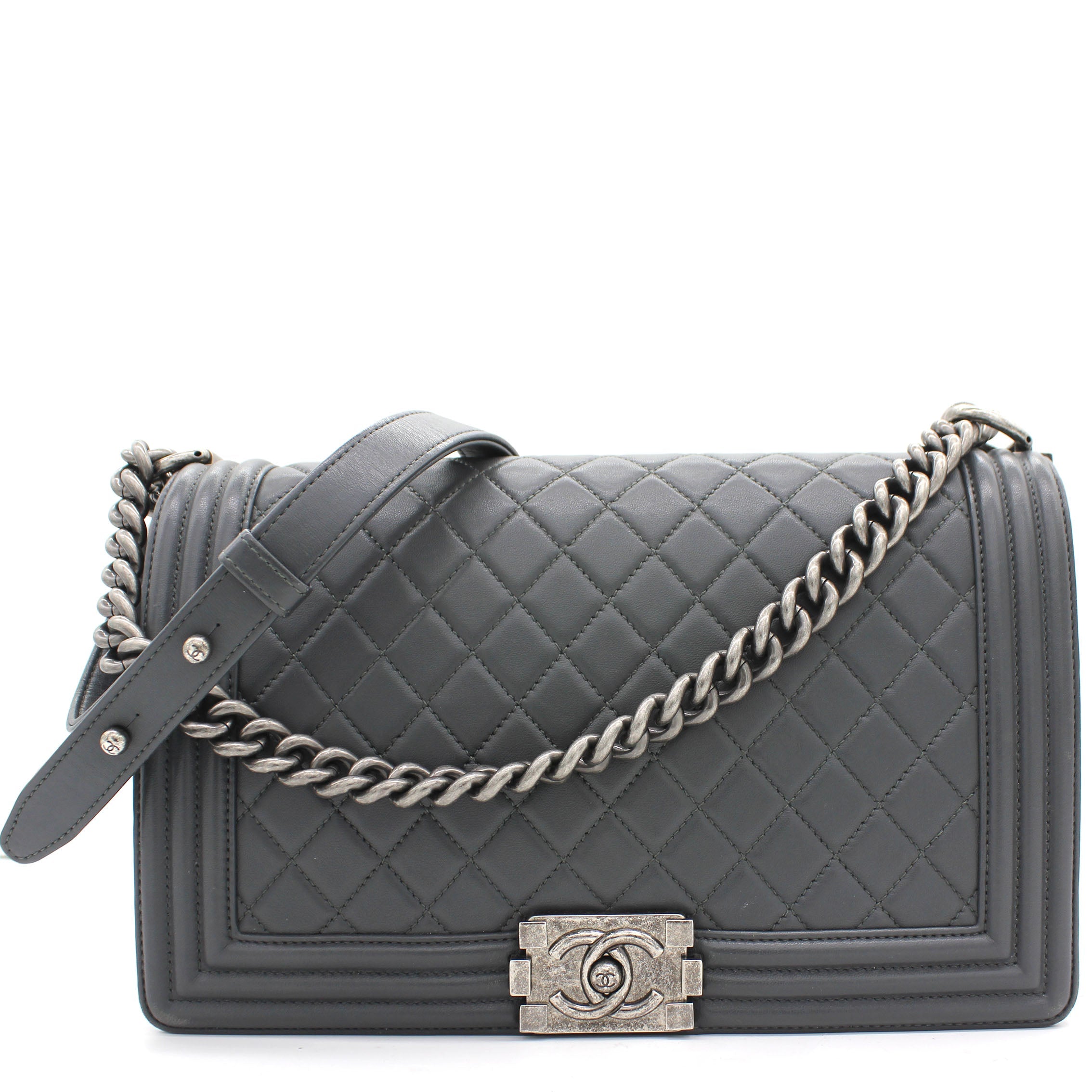 Calfskin Quilted New Medium Boy Flap Dark Grey