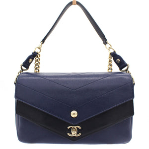 CC Envelope Flap Crossbody Chevron Calfskin Small Navy Black