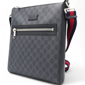 GG Supreme Monogram Appia Web Flat Messenger Bag Black Grey