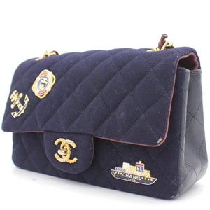 Felt Quilted Paris-Hamburg Charms Mini Rectangular Flap Dark Navy