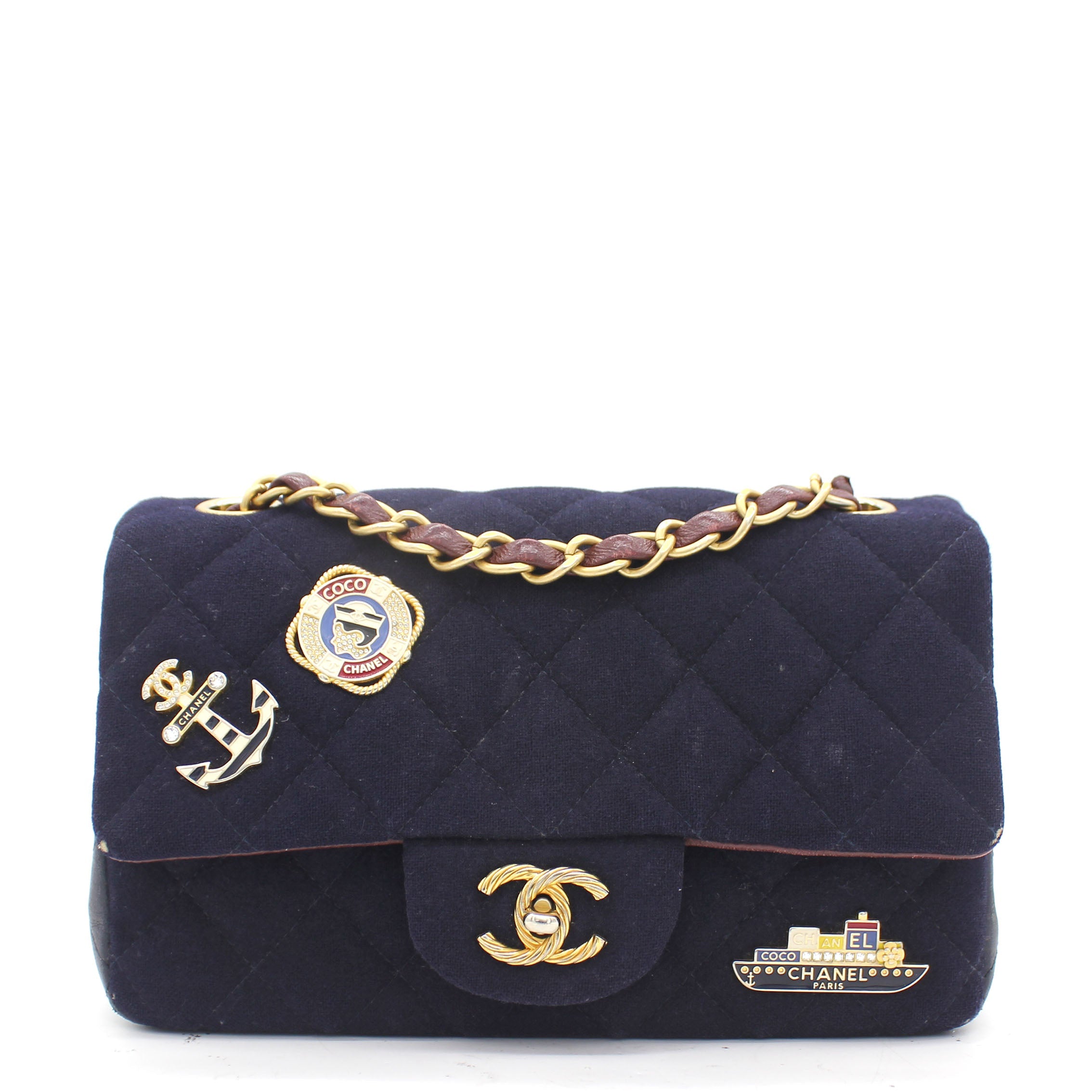 Felt Quilted Paris-Hamburg Charms Mini Rectangular Flap Dark Navy