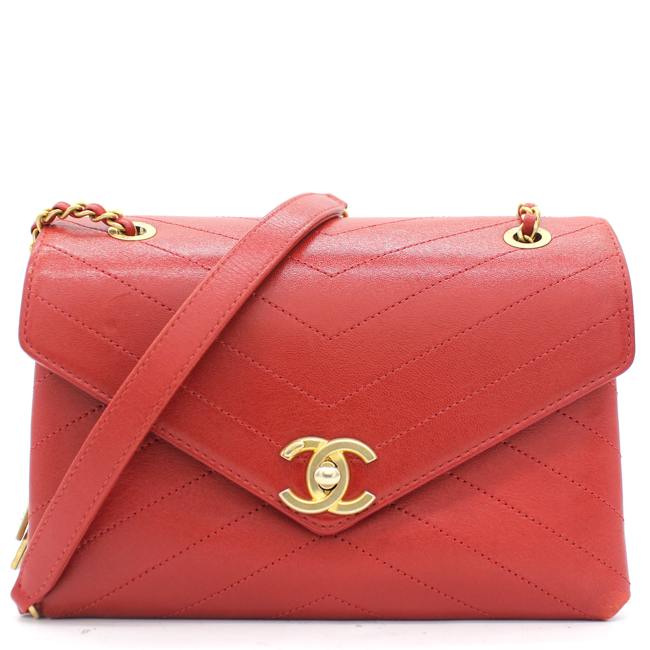 Calfskin Chevron Stitched Small Coco Flap Bag Red