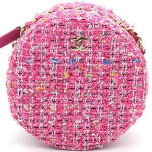 CC Tweed Fabric Round Clutch With Chain