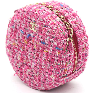 CC Tweed Fabric Round Clutch With Chain