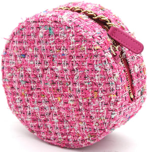 CC Tweed Fabric Round Clutch With Chain