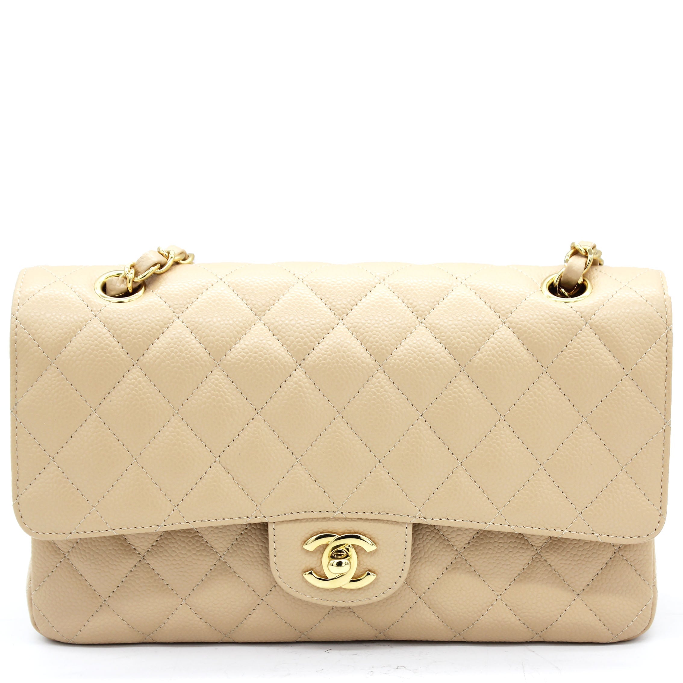 Beige Quilted Caviar Leather Classic Double Flap Bag