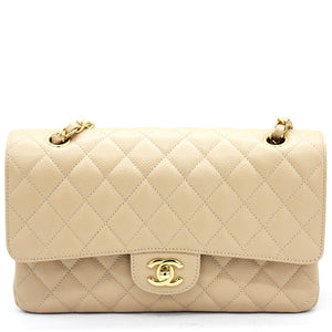 Beige Quilted Caviar Leather Classic Double Flap Bag