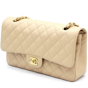 Beige Quilted Caviar Leather Classic Double Flap Bag